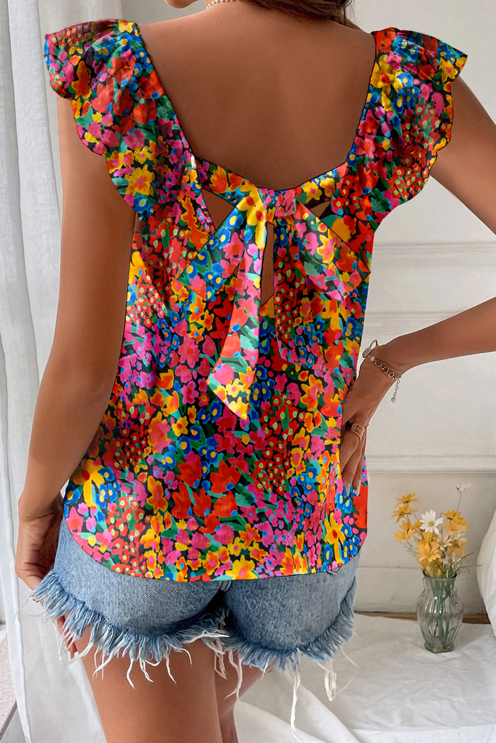 Multicolour Floral Print Cap Sleeve Square Neck Back Knot Blouse