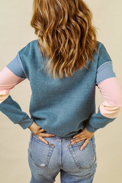 Blue Colorblock Long Sleeve Pullover Sweatshirt