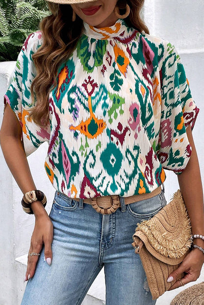 Multicolour Western Print High Neck Bat Sleeve Blouse