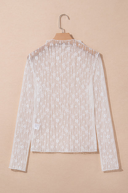 White Sheer Floral Lace Long Sleeve Slim Fit Top