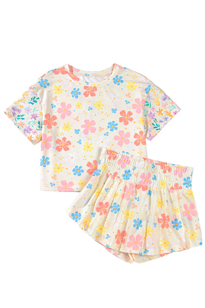 Apricot Floral Print Crop Top Wide Leg Short Set