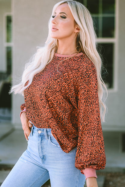 Vintage Leopard Bubble Sleeve Pullover Sweatshirt