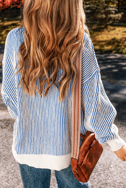 Dark Blue Striped Textured Knit Contrast Edge Loose Sweater