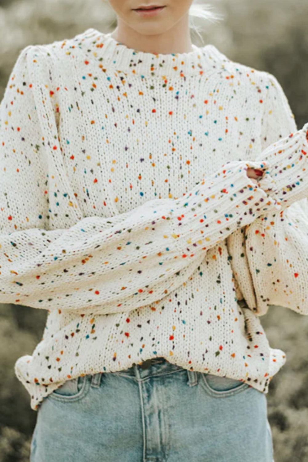 Beige Colorful Confetti Dots Cable Knit Crew Neck Sweater