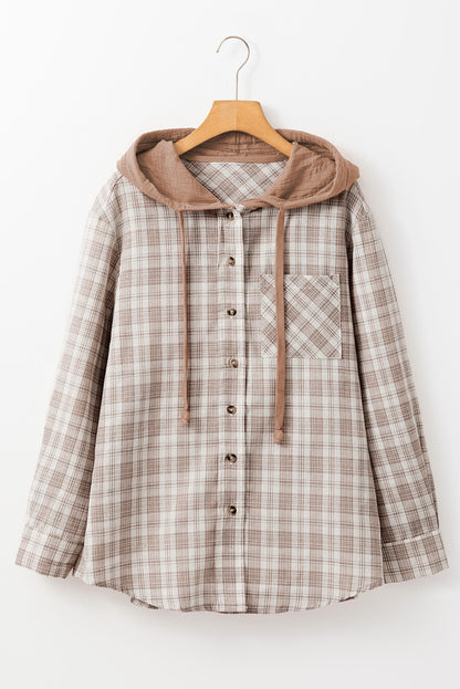 Khaki Checkered Print Loose Fit Buttoned Hooded Shacket