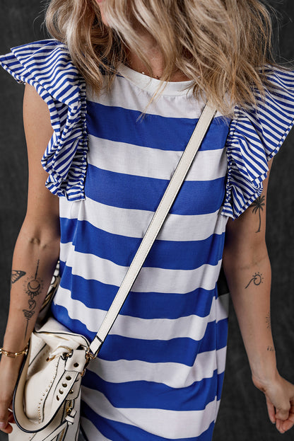 Sky Blue Stripe Contrast Ruffled Sleeve T-shirt Dress