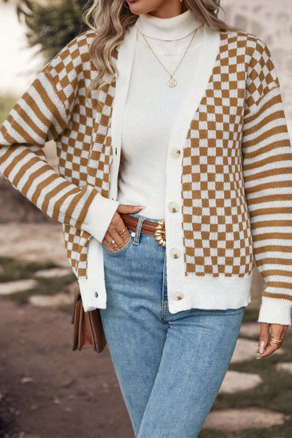 Brown Checkered Striped Patched Buttoned V Neck Cardigan