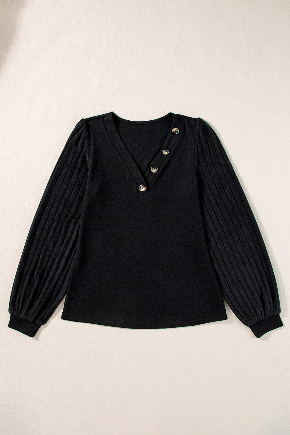 Black Buttoned V Neck Ribbed Puff Sleeve Top