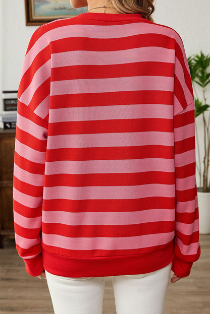 Red Stripe Long Sleeve Round Neck Drop Shoulder Top