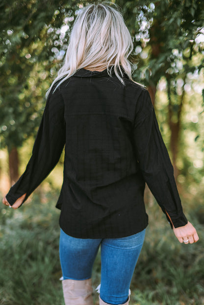 Black Textured Buttoned Pocket Long Sleeve Shirt