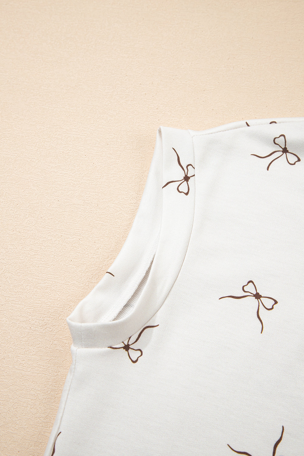 Beige Bow Print Half Zip Tank and Shorts 2pcs Set