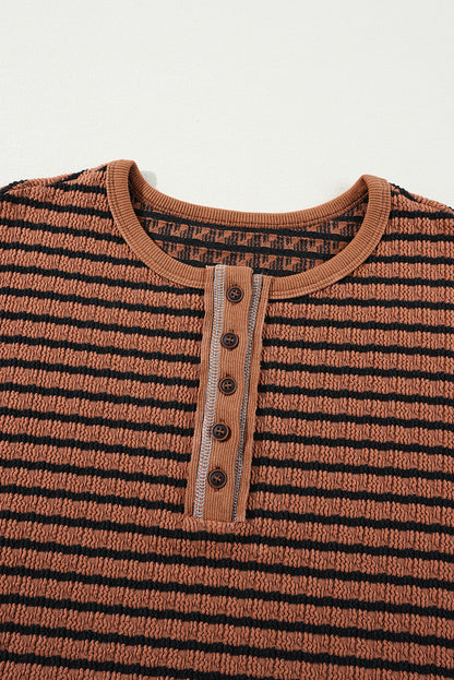 Brown Stripe Textured Frilly Trim Buttons Henley Long Sleeve Top