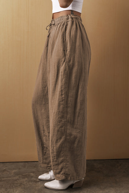 Desert Palm Cotton Linen Drawstring Waist Wide Leg Pants