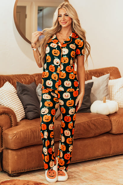 Orange Halloween Pattern Short Sleeve Shirt Pajama Set