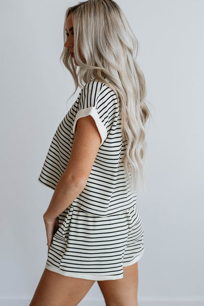 White Stripe Contrast Edge Tee and Shorts Set