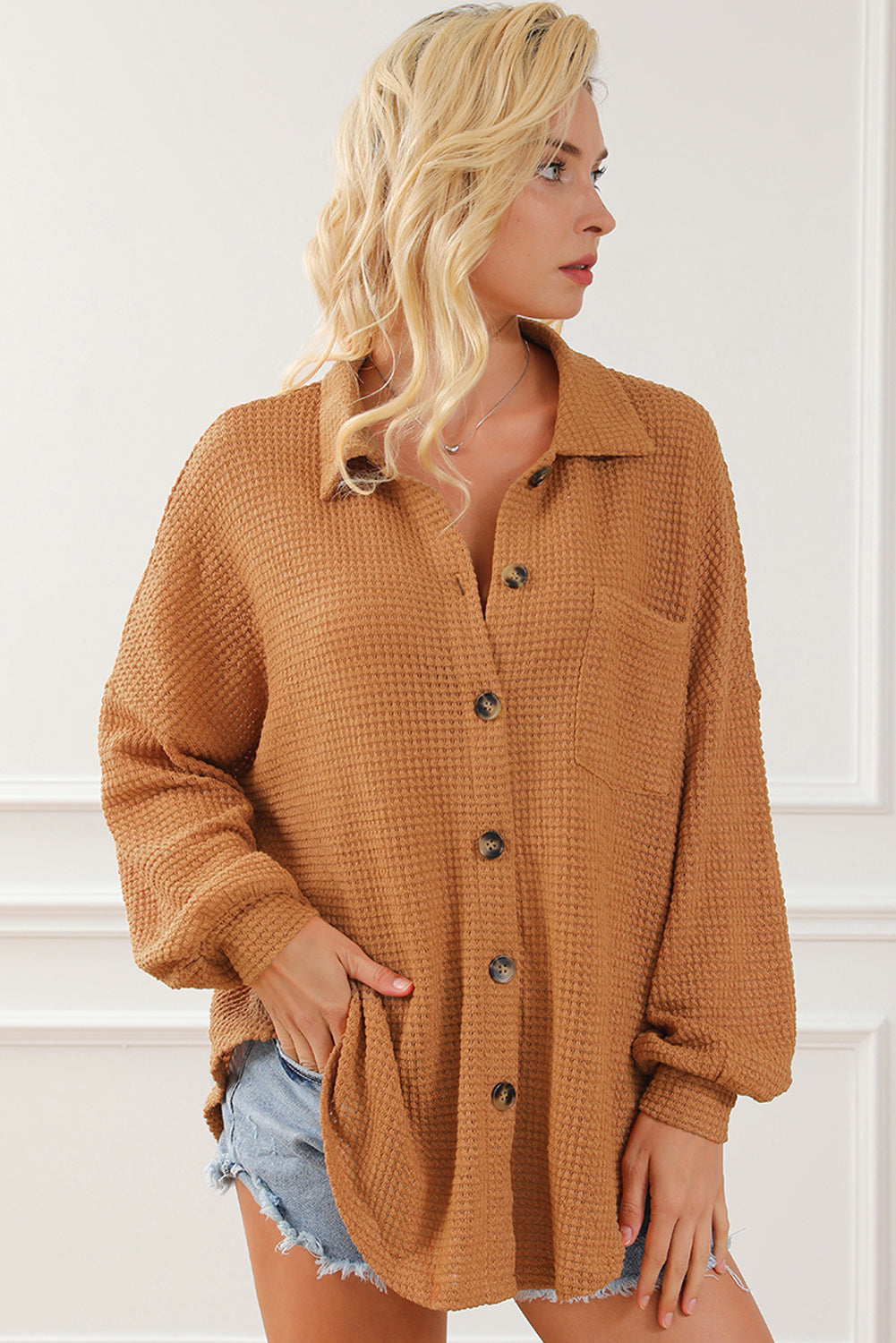 Brown Waffle Knit Button Up Casual Shirt