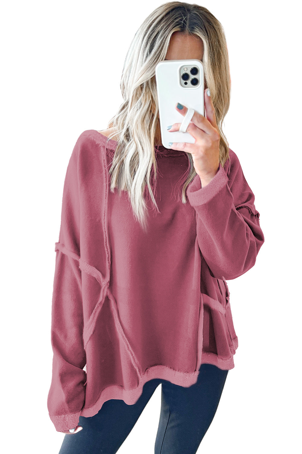 Exposed Seam Drop Shoulder Raw Hem Oversized Sweatshirt