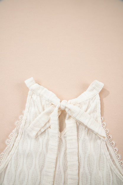 Beige Frenchy Lace Trim Textured Halter Tank Top