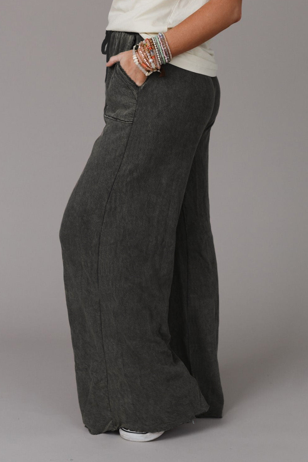 Gray Mineral Washed Drawstring Retro Wide Leg Pants