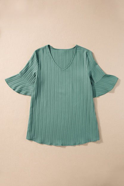 Grass Green Ruffled Half Sleeve V Neck Textured Top