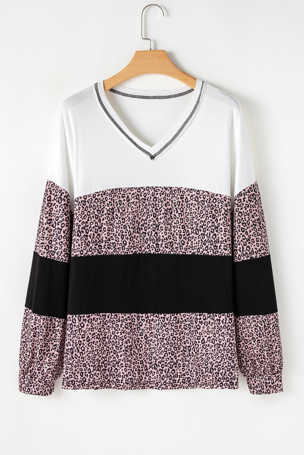 Black Leopard Print Colorblock V Neck Long Sleeve Plus Size Top