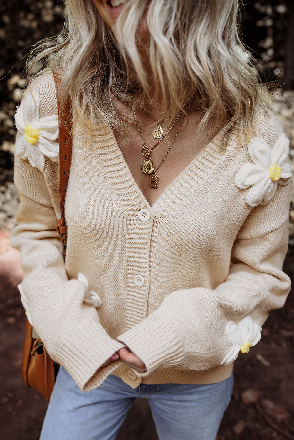 Parchment Elegant Flower Decor Button Front Cardigan