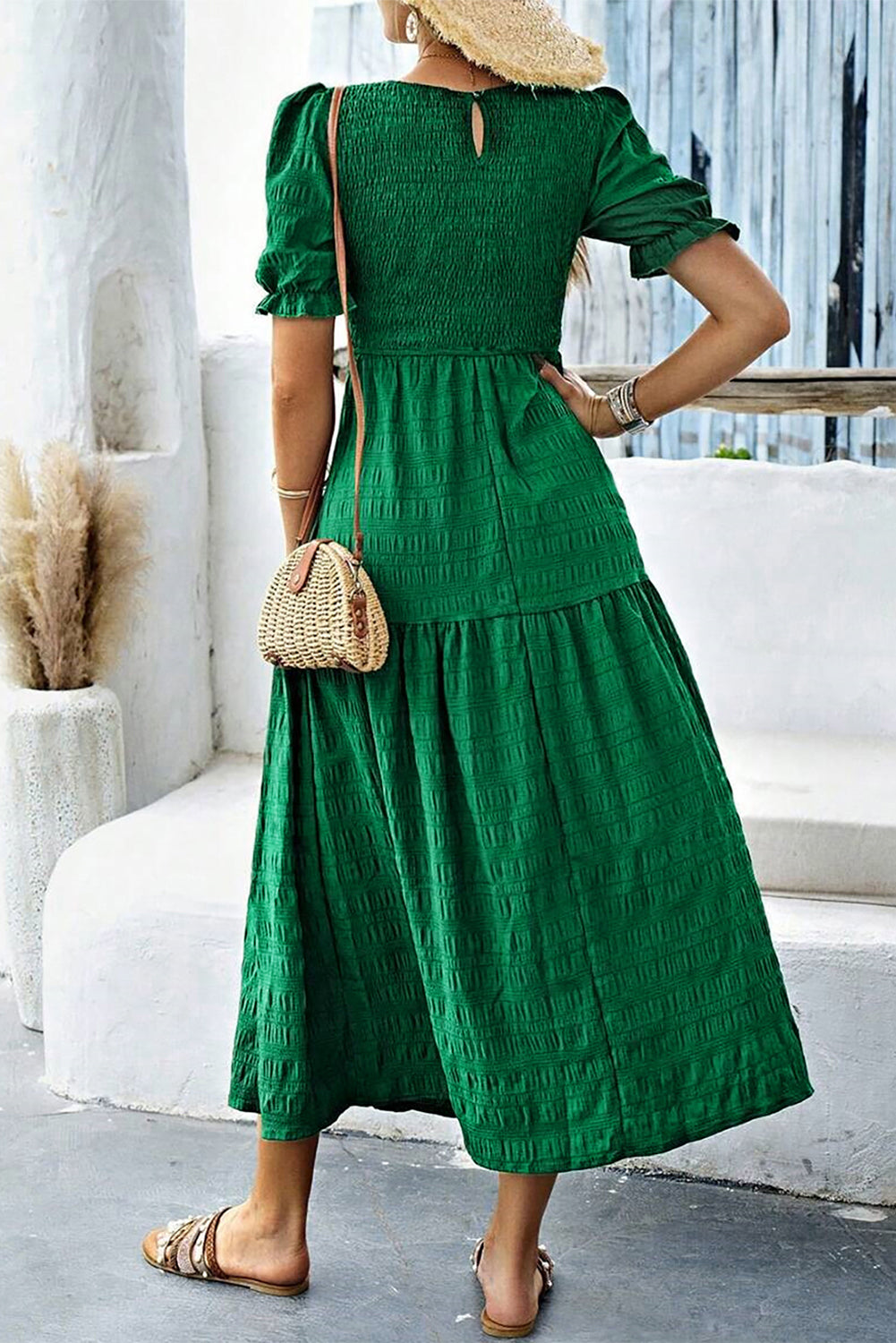 Dark Green Solid Textured Smocked Puff Short Sleeve High Waist Long Dress