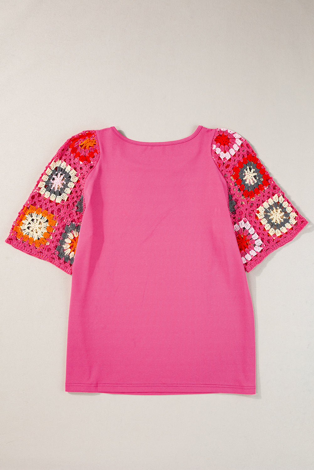 Strawberry Pink Floral Crochet Short Sleeve Top