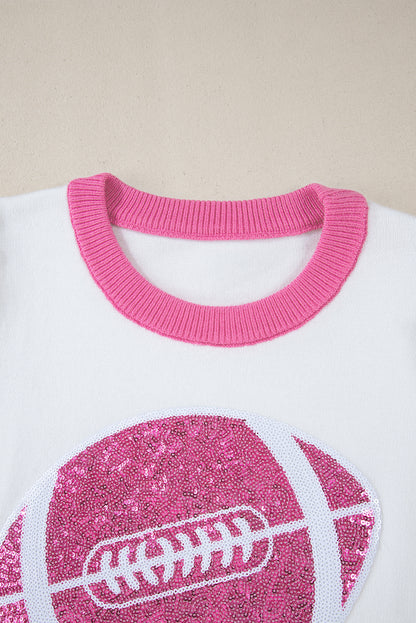 Pink Sequin Rugby Color Block Puff Short Sleeve Sweater