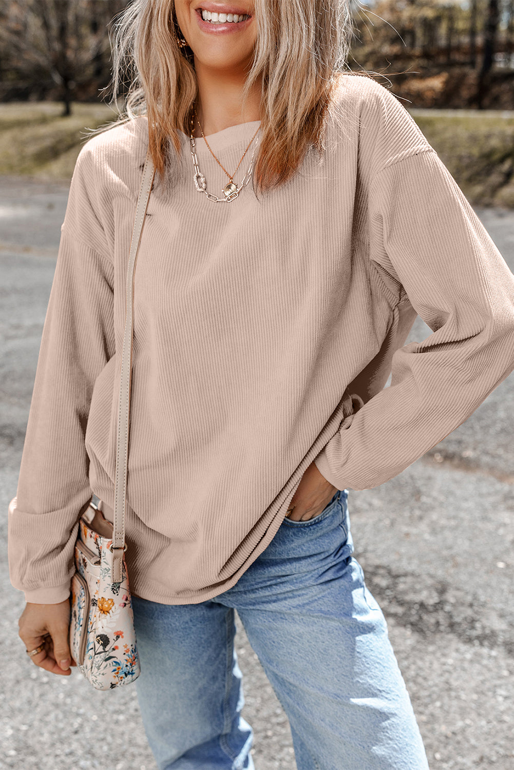 Apricot Ribbed Corduroy Oversized Sweatshirt