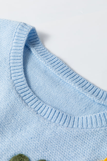 Light Blue Knitted Flower Pattern Ribbed Edge Sweater