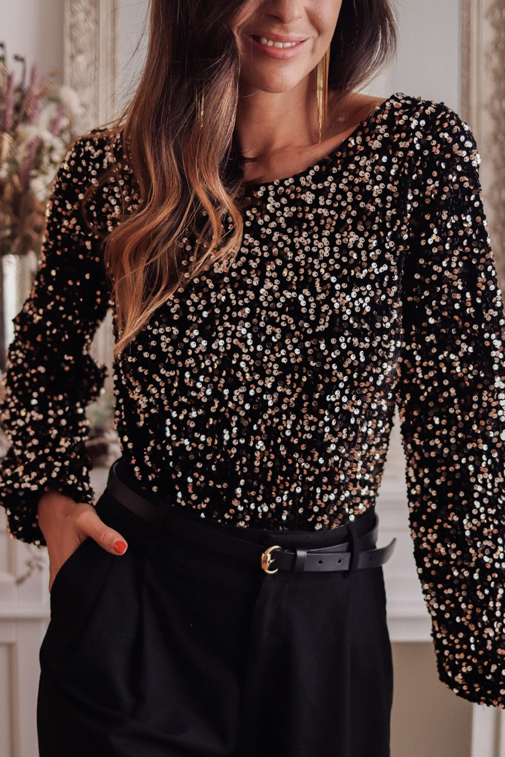 Black Deep V Back Sequin Puff Sleeve Bodysuit