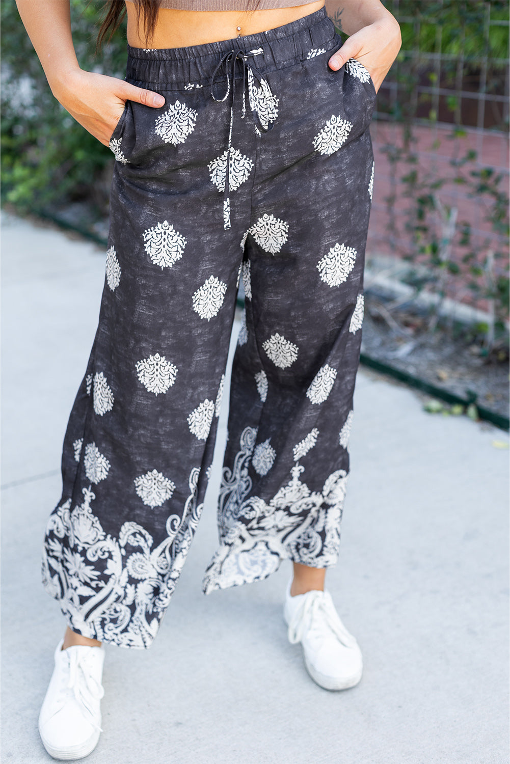 Black Bohemian Printed Drawstring Waist Wide Leg Pants