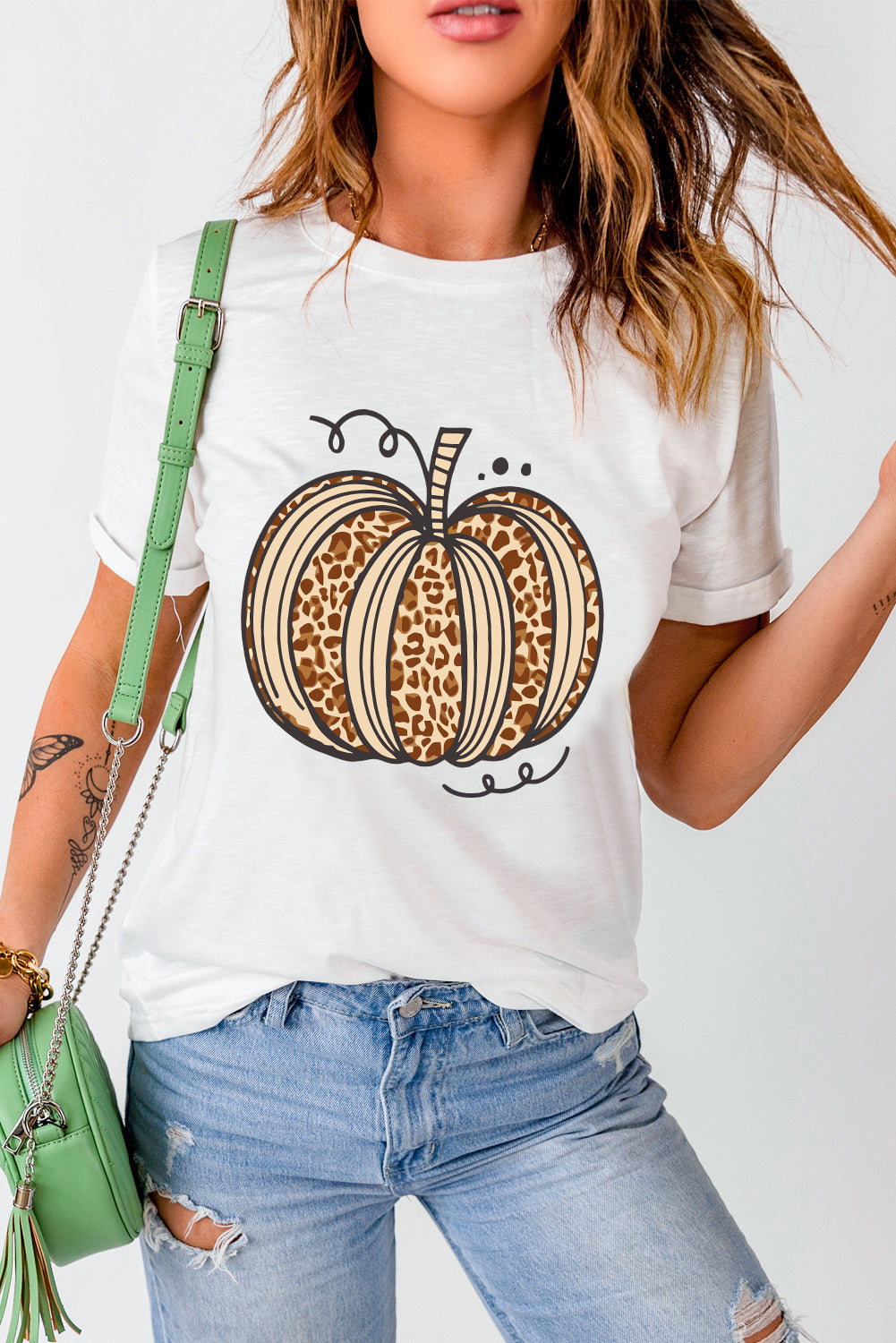 White Leopard Pumpkin Graphic Crewneck Halloween T Shirt