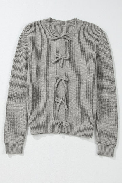 Philippine Gray Ribbed Knit Bow Front Buttoned Cardigan