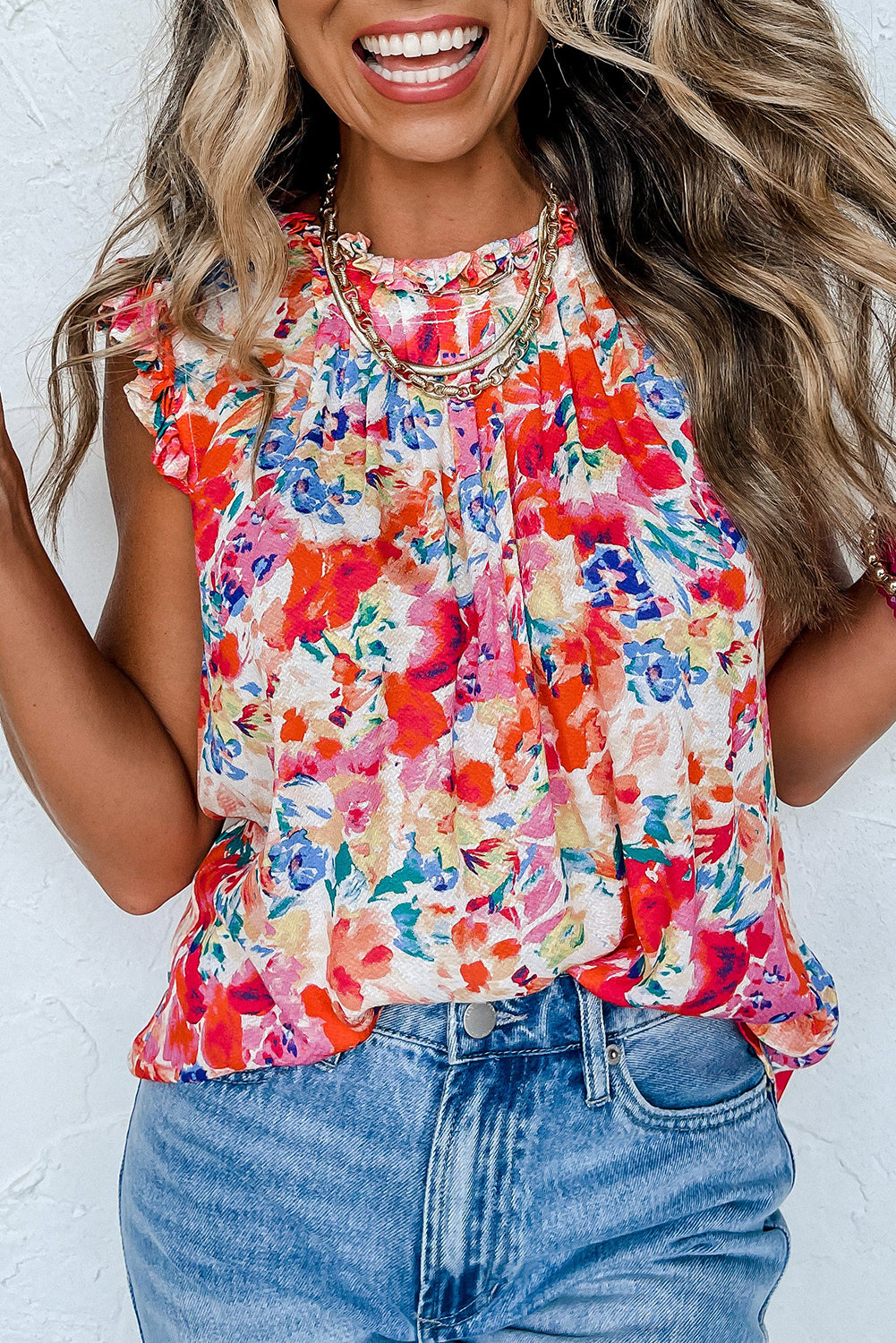 Red Frilled Neck Pleated Boho Floral Tank Top