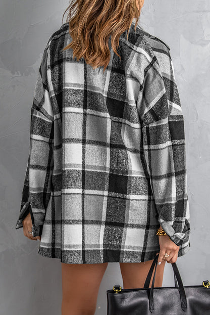 Gray Plaid Print Buttoned Shirt Jacket