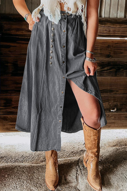 Dark Grey Fully Buttoned Long Denim Skirt