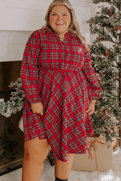 Red Plus Size Plaid Half Button Long Sleeve Holiday Dress