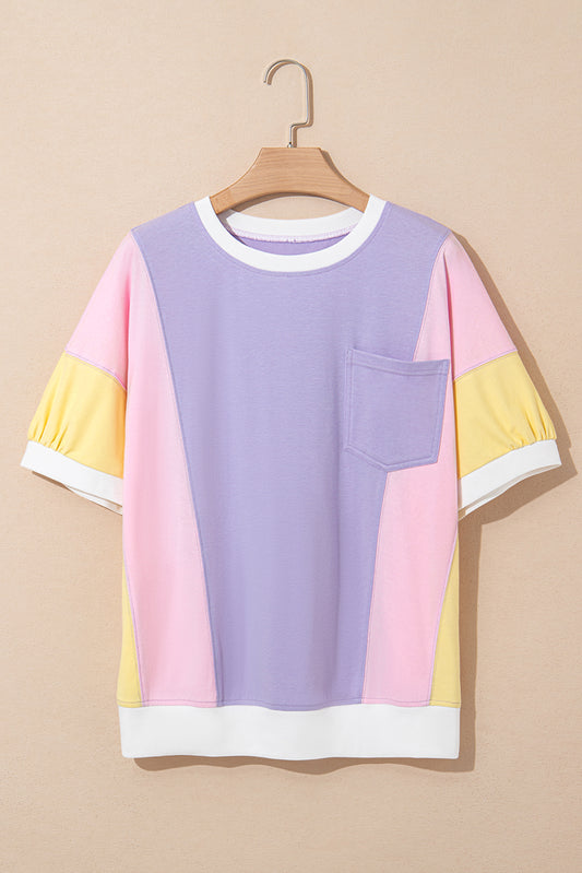 Purple Color Block Patchwork Half Sleeve Oversized T Shirt