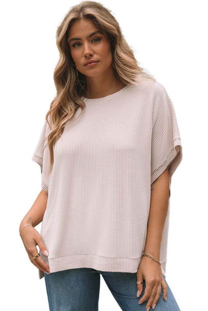 Apricot Ribbed Knit Batwing Sleeve Tunic Oversized T Shirt