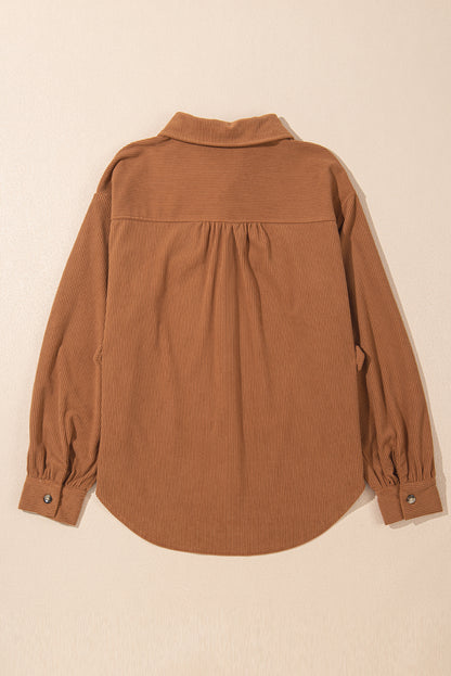 Cinnamon Corduroy Flap Pocket Button Up Round Hem Shacket