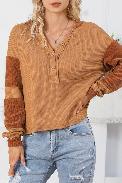 Orange Contrast Patched Exposed Seam Waffle Knit Henley Top