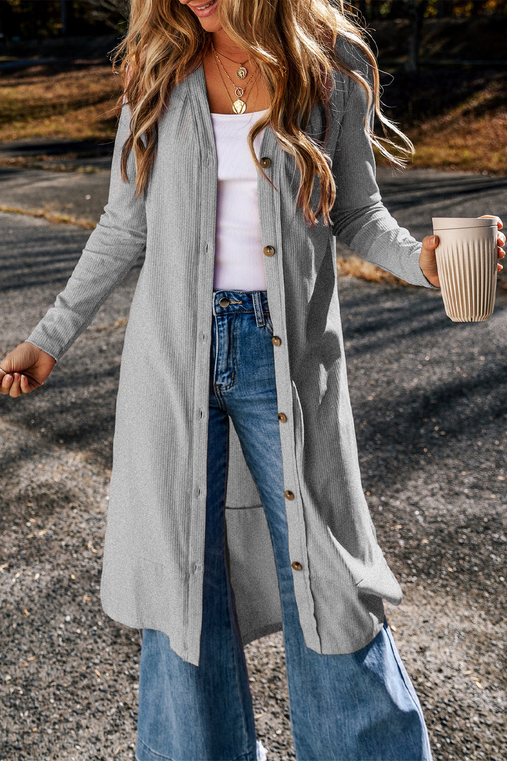 Gray Ribbed Button-Up Split Duster Cardigan