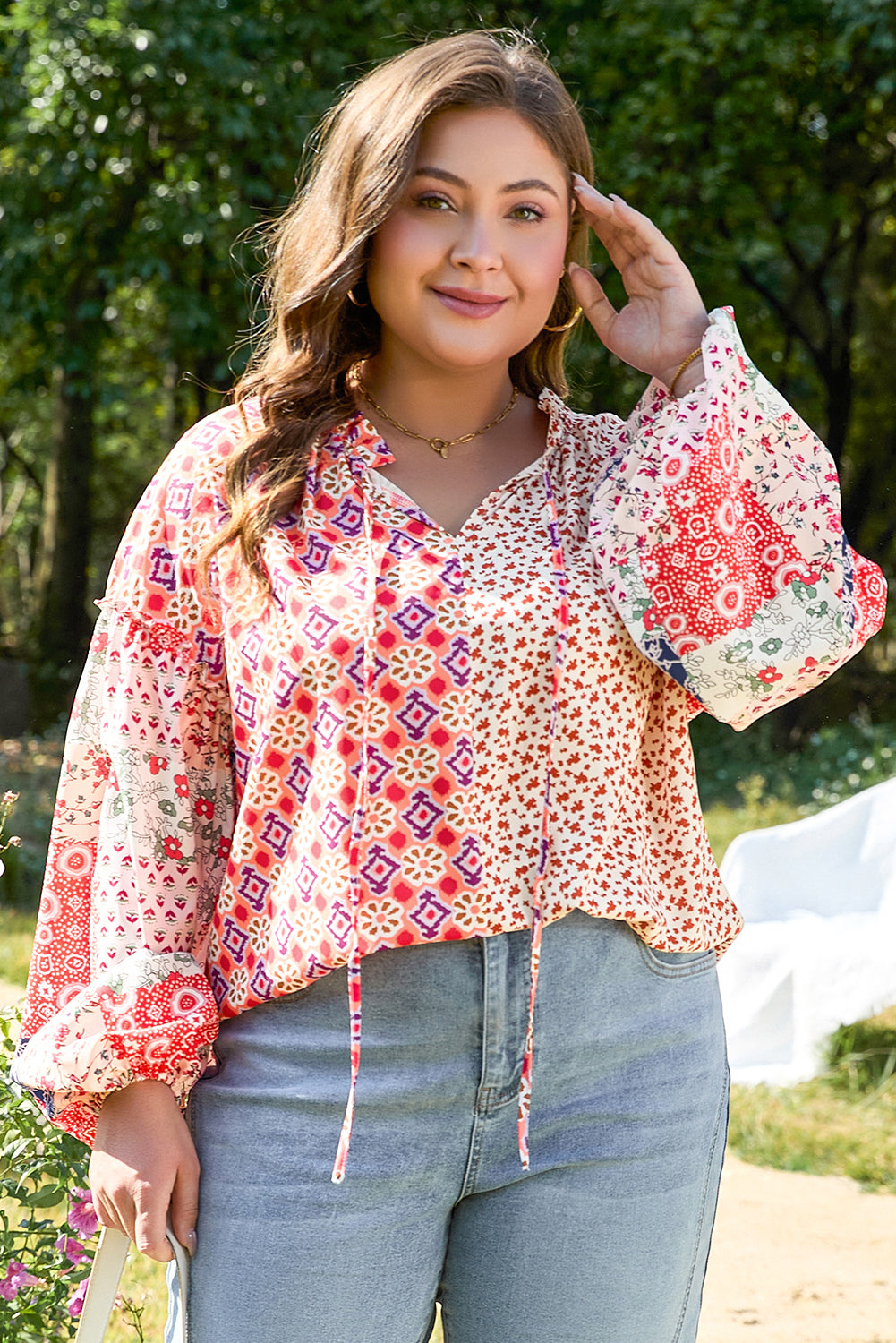 Orange Floral Geometric Patchwork Lace-up Crewneck Plus Size Blouse