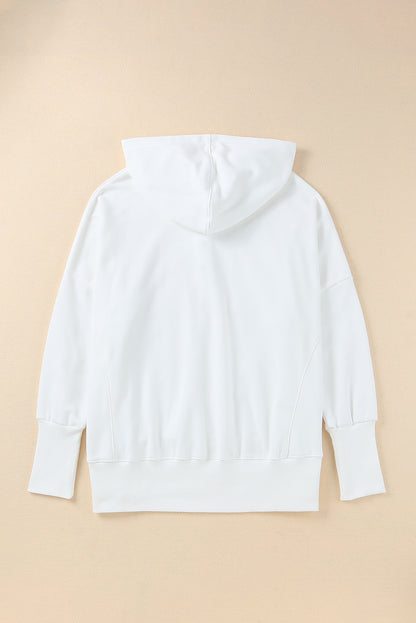 White Batwing Sleeve Pocketed Henley Hoodie