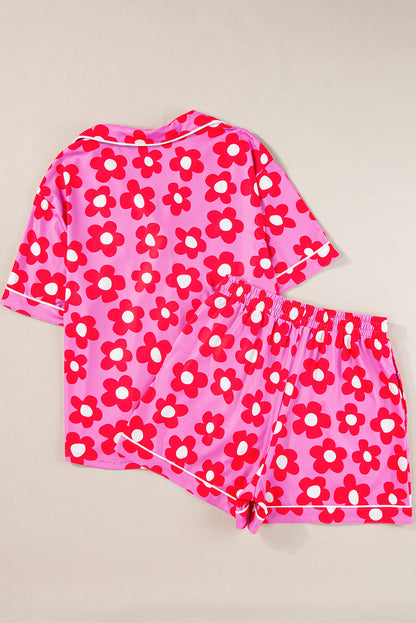 Flower Print Short Sleeve Shirt Pajamas Set