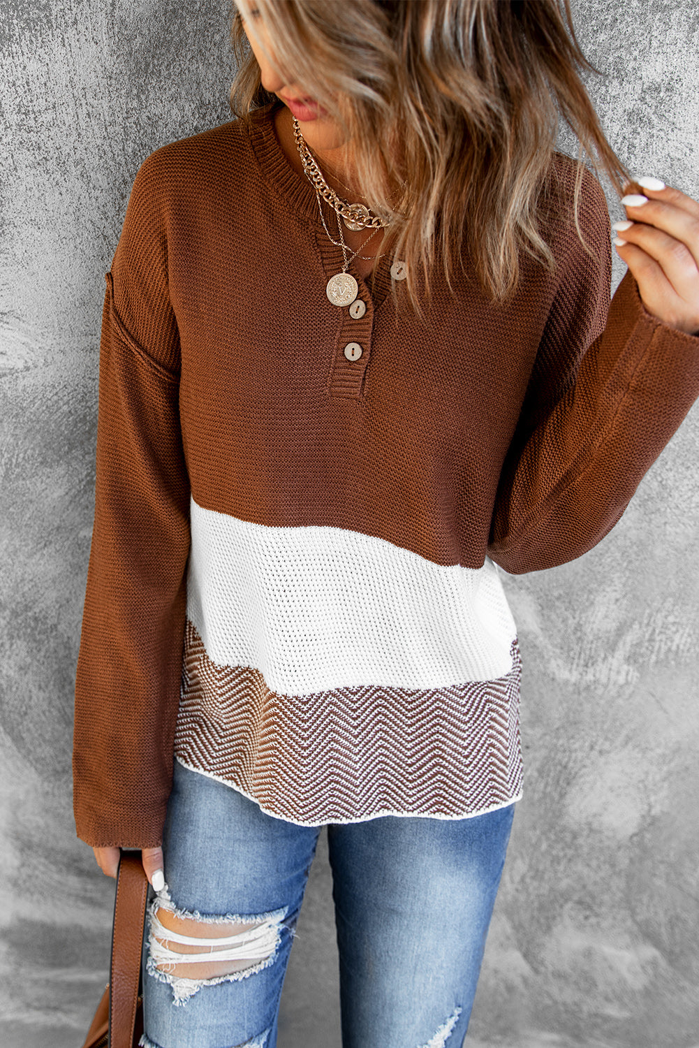 Brown Splicing Buttoned Knitted Long Sleeve Sweater