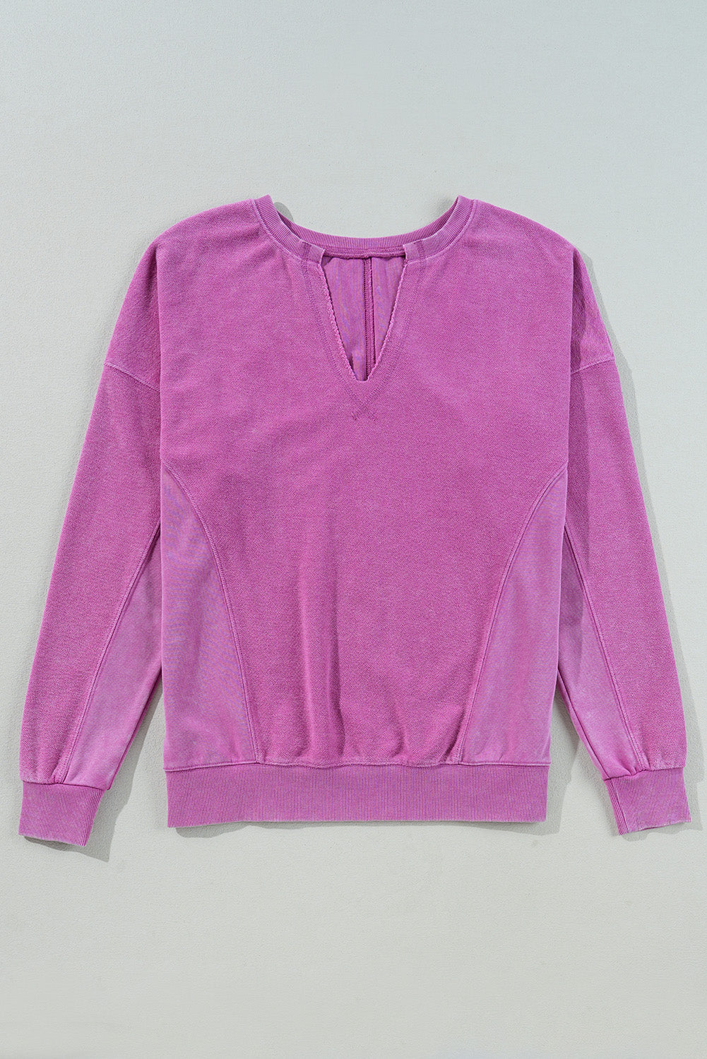 Bright Pink Solid Color Notched Neck Drop Shoulder Sweatshirt