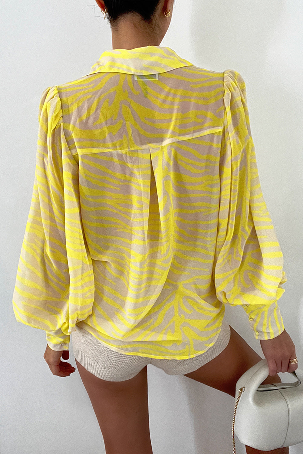 Yellow Zebra Stripes Print Lantern Sleeve Shirt